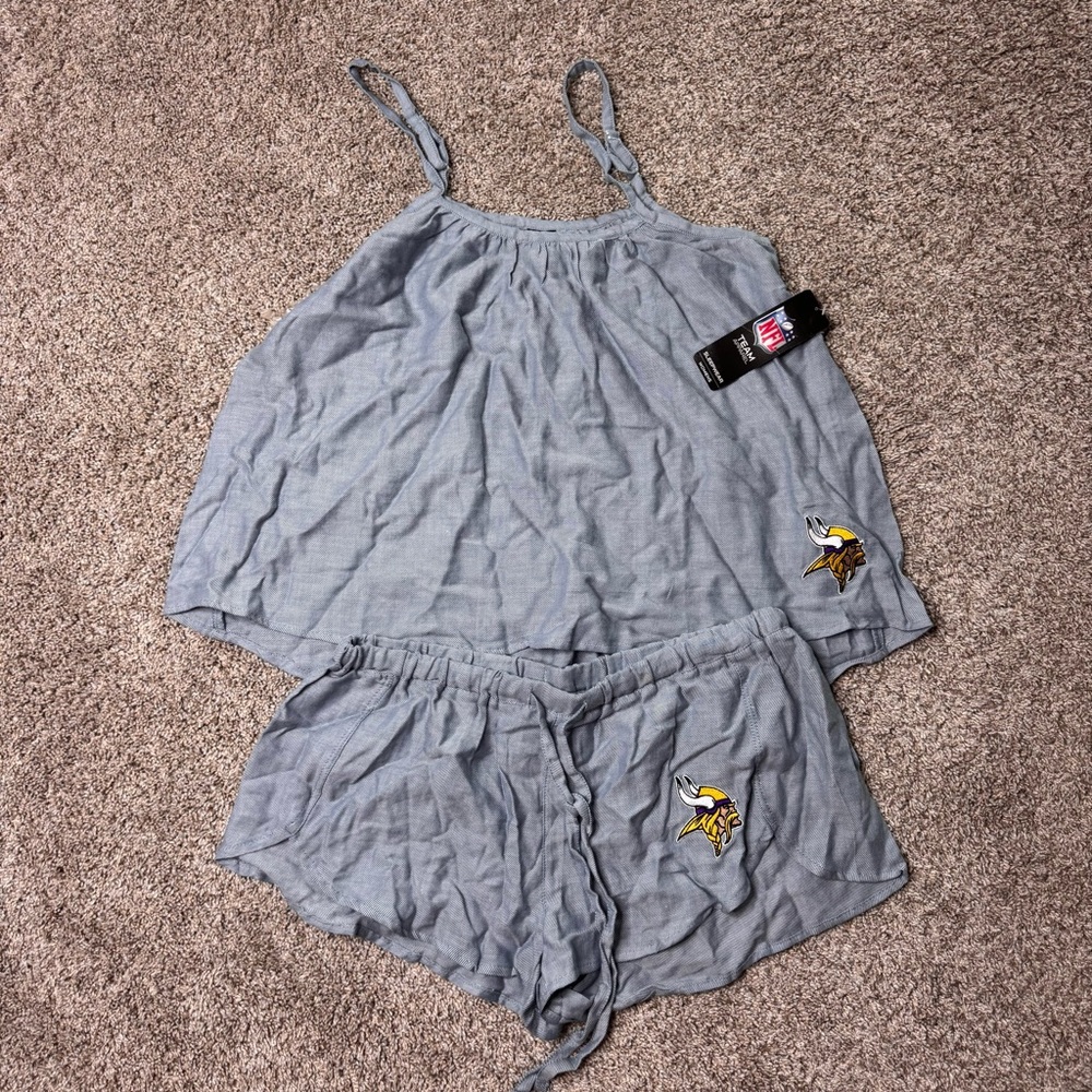 NFL Women's Light Gray Tank and Shorts Pajama Set with Vikings Logo
